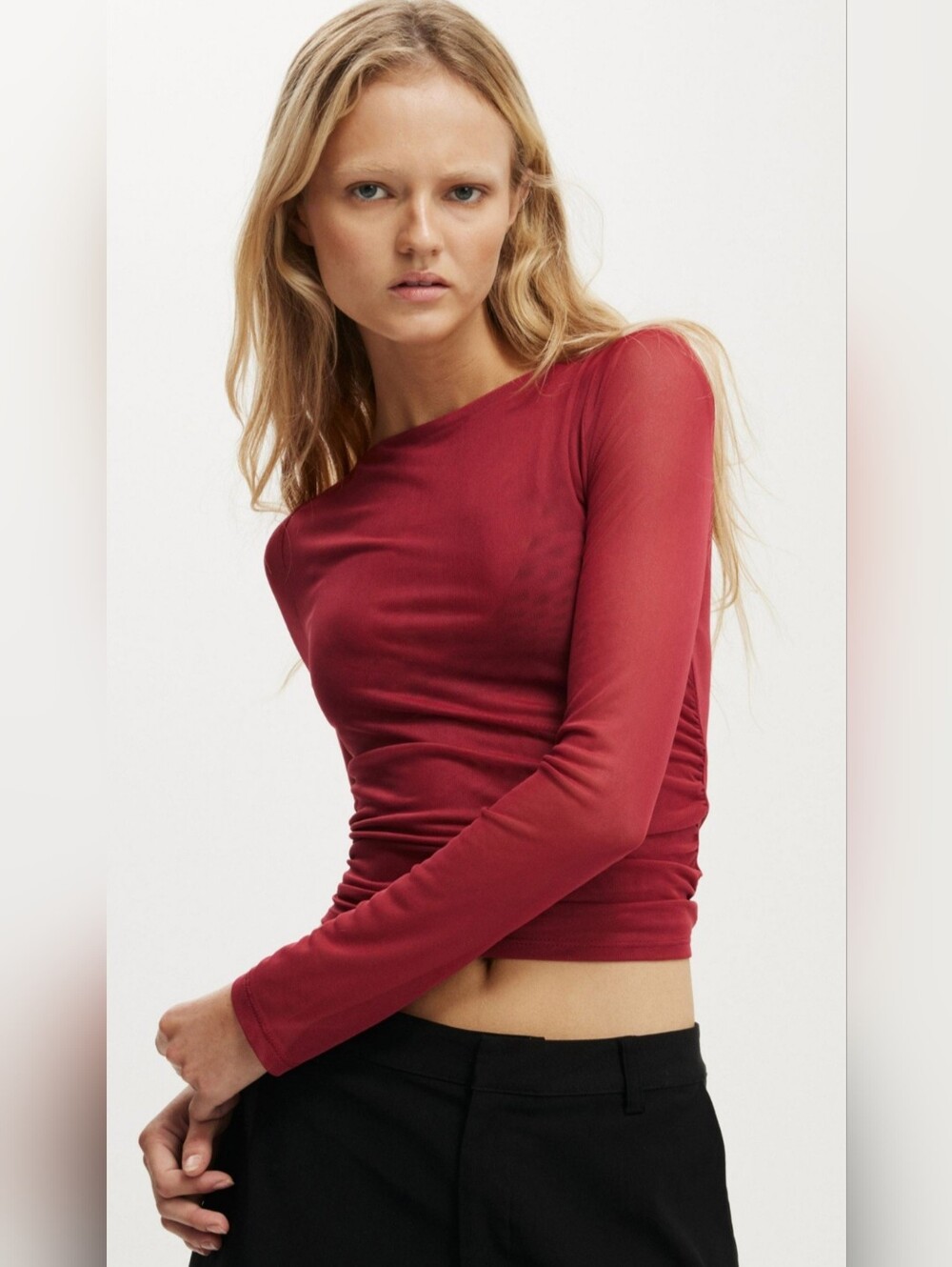 Cotton On Ruched Long-Sleeve Mesh Top - Burgundy